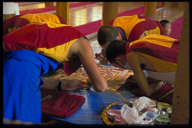 Tibetan monks drawing a Mandala, Dharamsala, North India