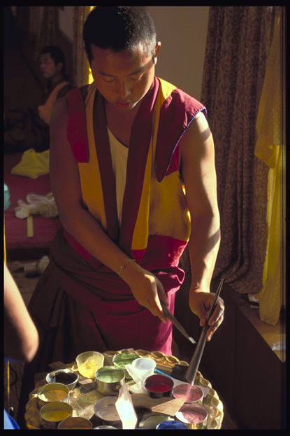 Tibetan monks, sand for the Mandala, Dharamsala, North India